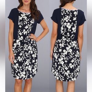 Size 6 Vince Camuto blue night color block tossed bouquet drawstring dress